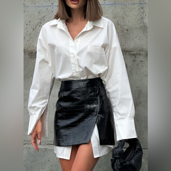 Commense Dresses & Skirts - Casual Solid Shirt With Faux Leather Mini Skirt Set